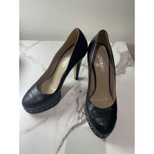 Chanel Black Leather Platform Pumps with Chain Detail